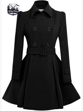 Wool Pea Coat with Belt, Double Breasted, Long Sleeve, Fitted Flare